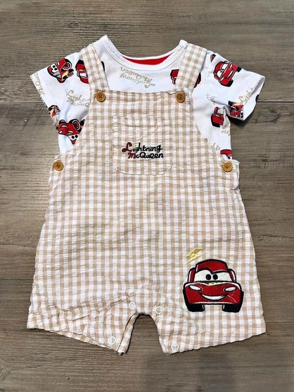 Disney Baby Pixar Cars Lightning McQueen Gingham Overall Romper- Size 3-6 Months